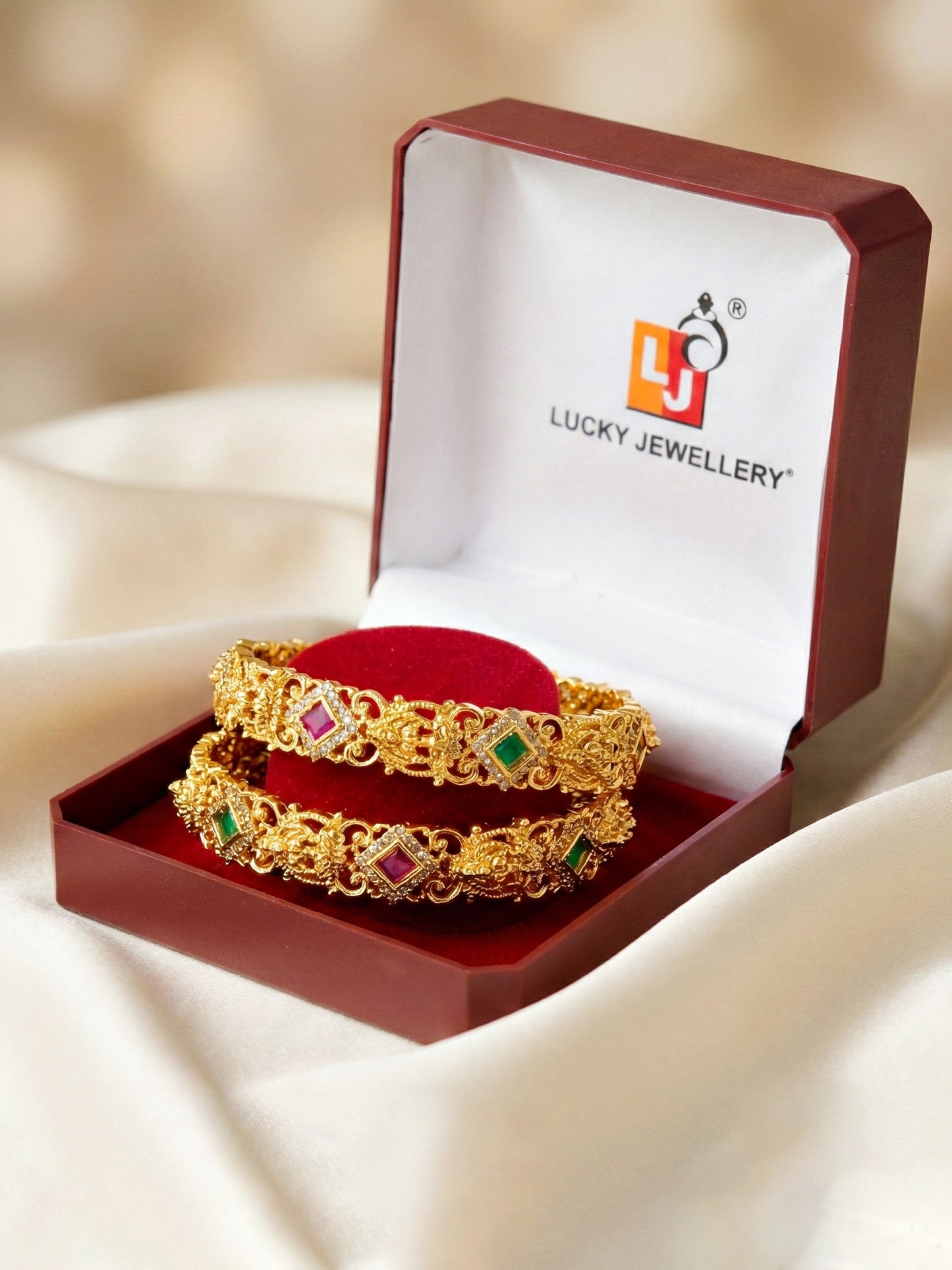 Gold-Plated Laxmi Temple AD Pink Green Bangle (1272-C1BG-2222-2)