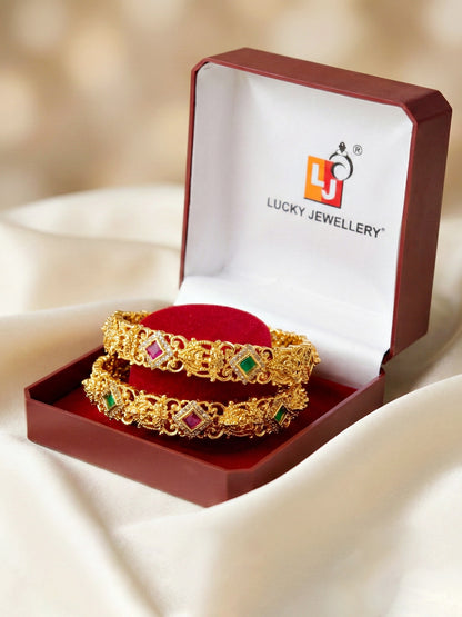 Gold-Plated Laxmi Temple AD Pink Green Bangle (1272-C1BG-2222-2)