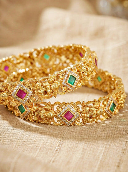 Gold-Plated Laxmi Temple AD Pink Green Bangle (1272-C1BG-2222-2)
