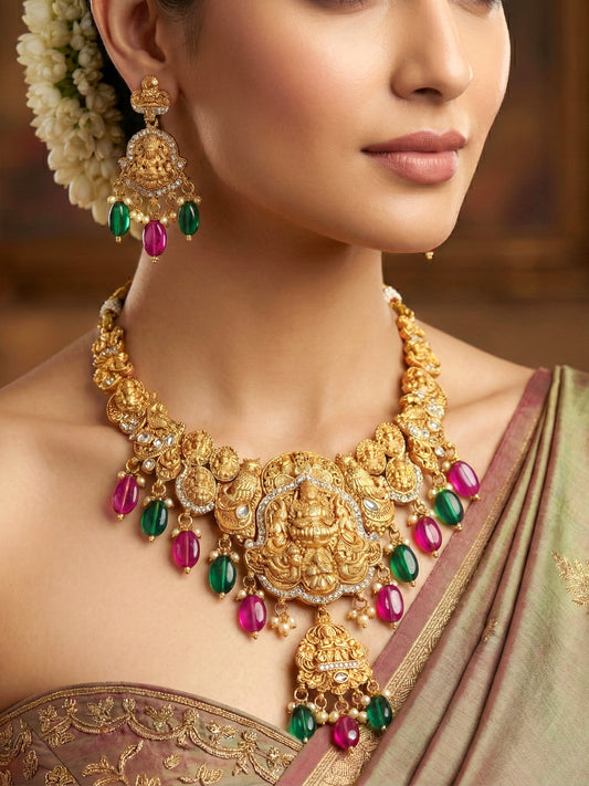 Gold-Tone Antique Temple Bridal Necklace Set with Earrings – Traditional & Function Wear (1314-KSG-37703-RG)