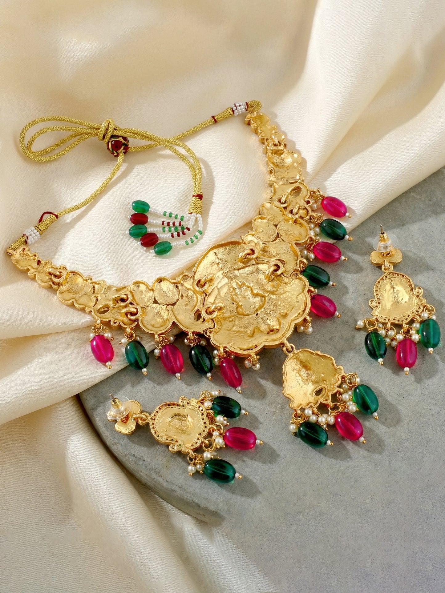 Gold-Tone Antique Temple Bridal Necklace Set with Earrings – Traditional & Function Wear (1314-KSG-37703-RG)