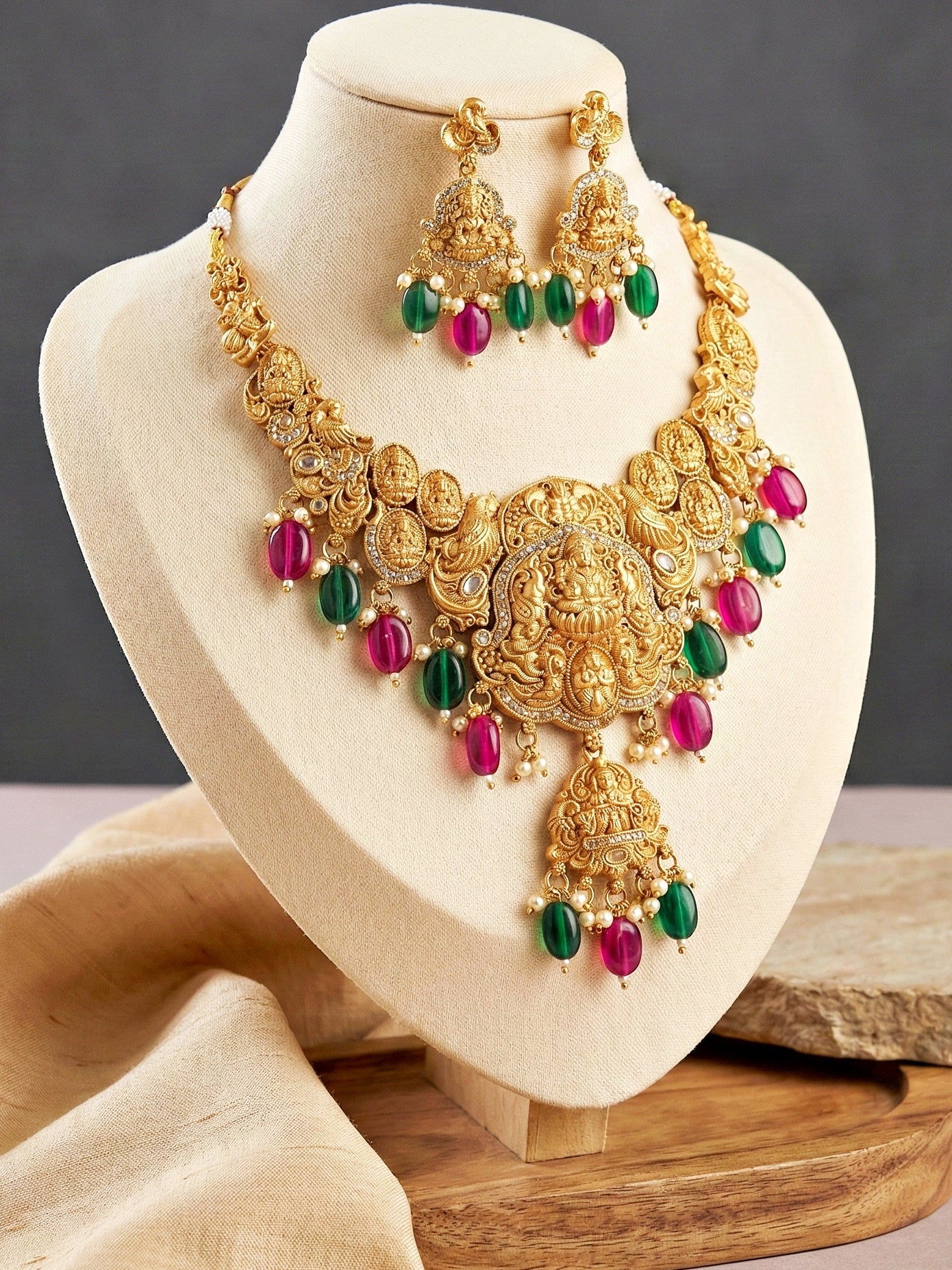 Gold-Tone Antique Temple Bridal Necklace Set with Earrings – Traditional & Function Wear (1314-KSG-37703-RG)