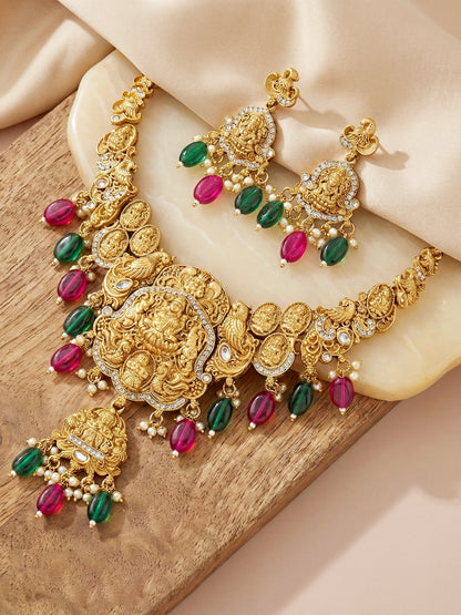 Gold-Tone Antique Temple Bridal Necklace Set with Earrings – Traditional & Function Wear (1314-KSG-37703-RG)