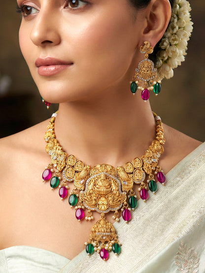 Gold-Tone Antique Temple Bridal Necklace Set with Earrings – Traditional & Function Wear (1314-KSG-37703-RG)
