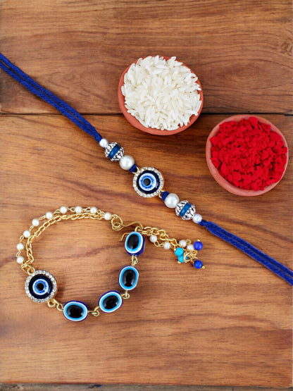 Lucky Jewellery Designer Blue Color Evil Eye Rakhi - Rakshabandhan Rakhee with Lumba Bracelet for Brother/Bhaiya/Bhai/Bhabhi - Pack of 2 (132-JPCR1-1987-2)