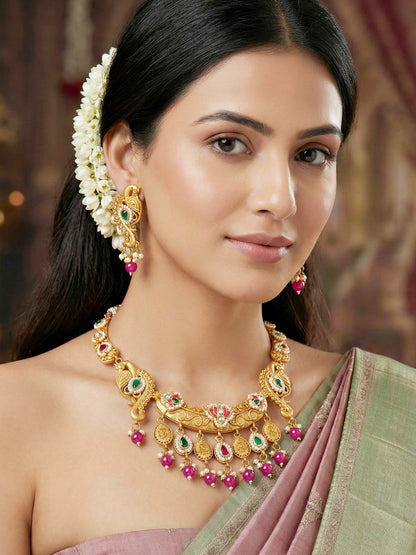 Antique Gold-Tone Peacock Temple Necklace Set with Earrings – Traditional & Function Wear (1367-KSG-39101-RG)