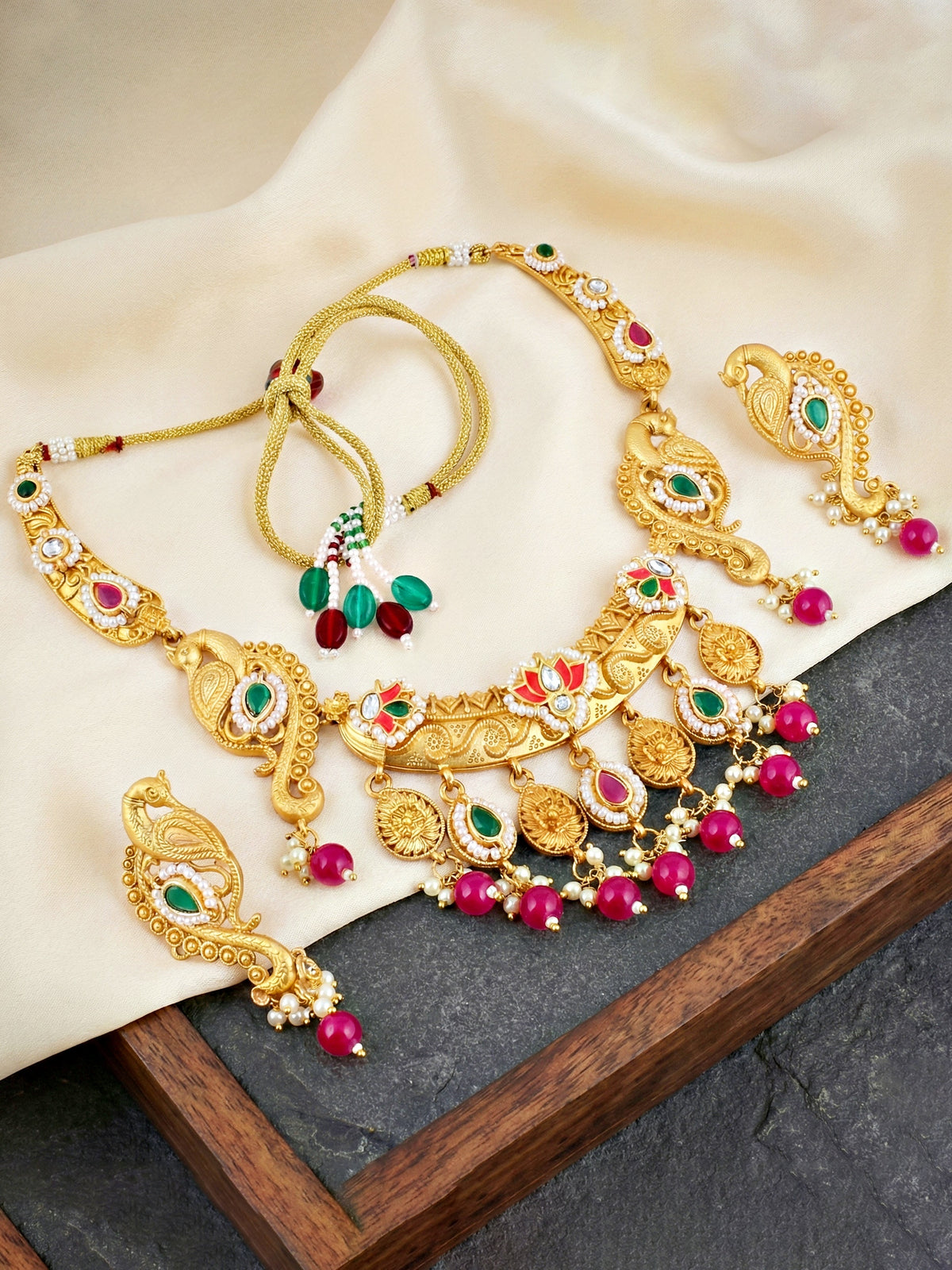 Antique Gold-Tone Peacock Temple Necklace Set with Earrings – Traditional & Function Wear (1367-KSG-39101-RG)