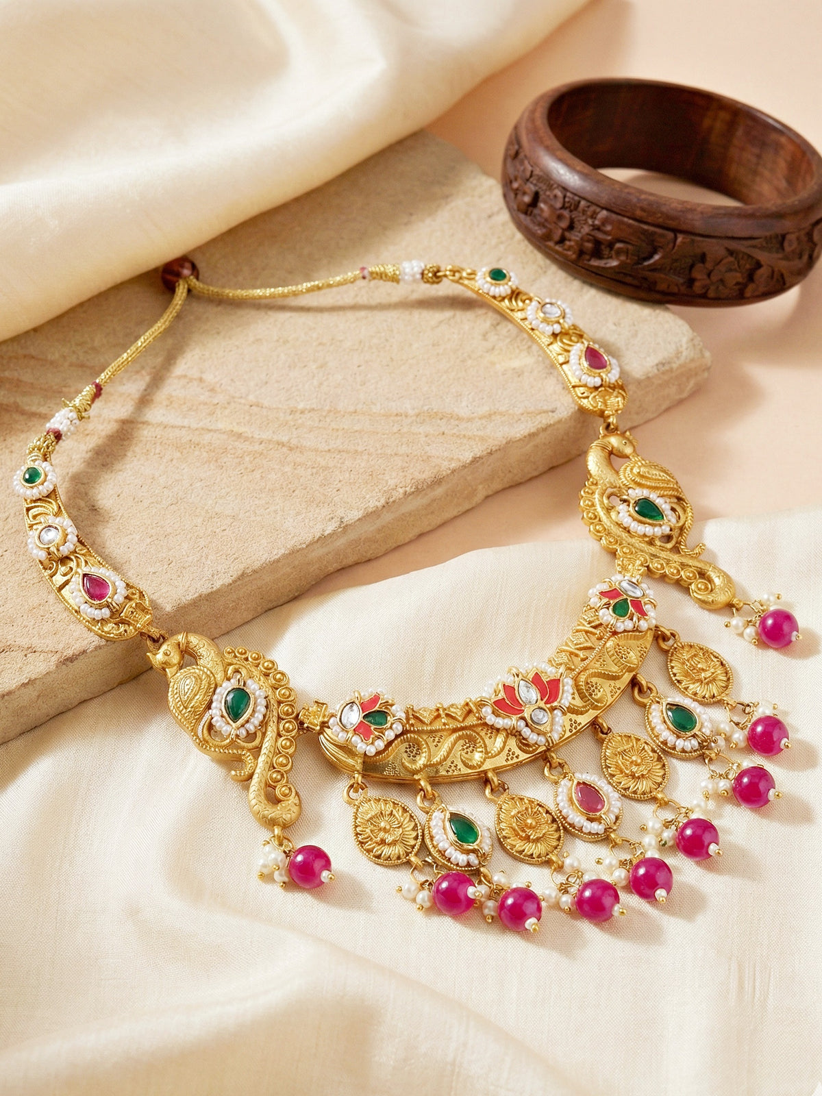 Antique Gold-Tone Peacock Temple Necklace Set with Earrings – Traditional & Function Wear (1367-KSG-39101-RG)