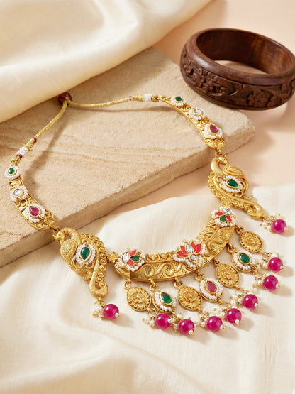 Antique Gold-Tone Peacock Temple Necklace Set with Earrings – Traditional & Function Wear (1367-KSG-39101-RG)