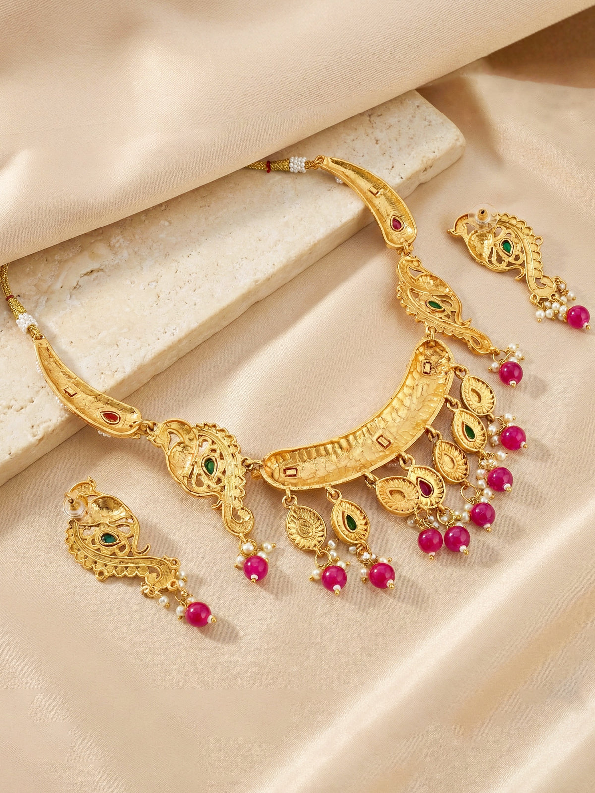 Antique Gold-Tone Peacock Temple Necklace Set with Earrings – Traditional & Function Wear (1367-KSG-39101-RG)
