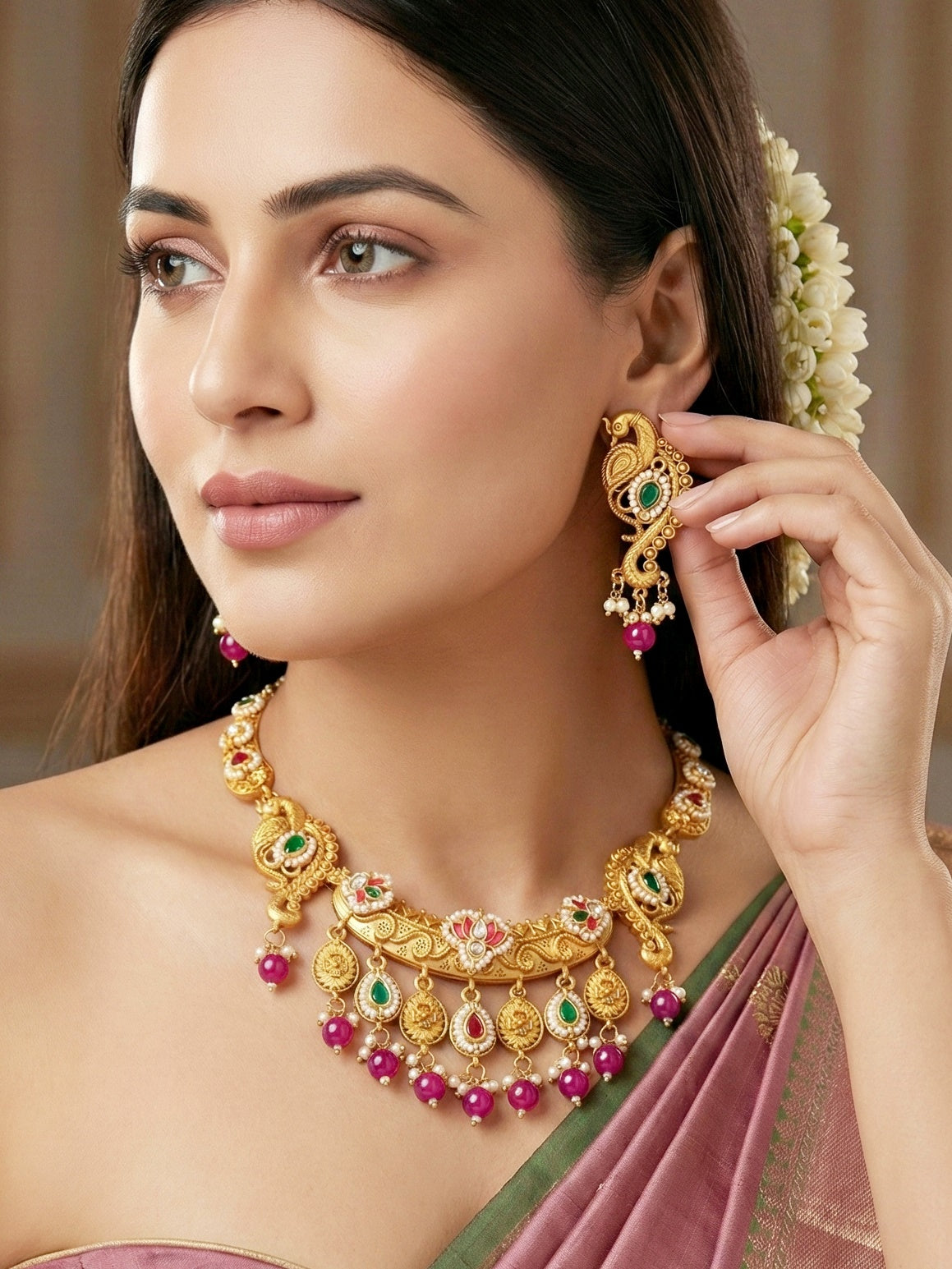 Antique Gold-Tone Peacock Temple Necklace Set with Earrings – Traditional & Function Wear (1367-KSG-39101-RG)