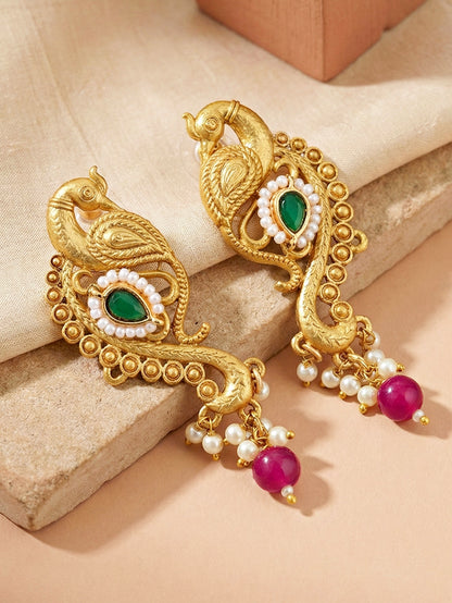 Antique Gold-Tone Peacock Temple Necklace Set with Earrings – Traditional & Function Wear (1367-KSG-39101-RG)