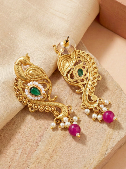 Antique Gold-Tone Peacock Temple Necklace Set with Earrings – Traditional & Function Wear (1367-KSG-39101-RG)