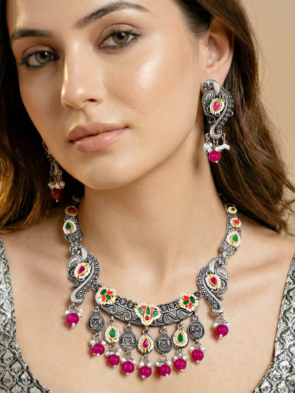 Antique Silver-Tone Peacock Temple Necklace Set with Earrings – Traditional & Function Wear (1367-KSO-39101-RG)