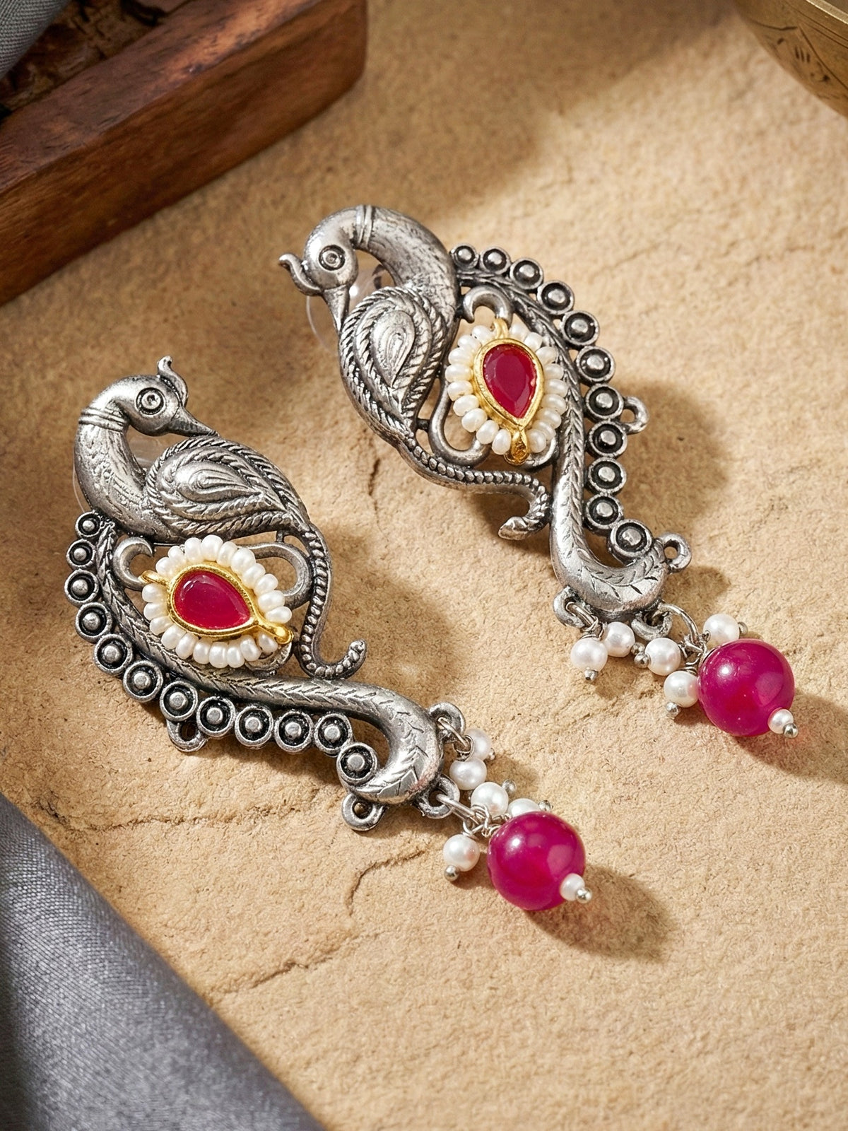 Antique Silver-Tone Peacock Temple Necklace Set with Earrings – Traditional & Function Wear (1367-KSO-39101-RG)