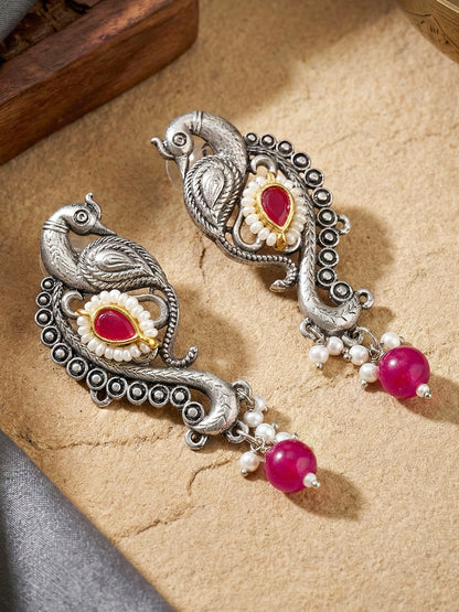 Antique Silver-Tone Peacock Temple Necklace Set with Earrings – Traditional & Function Wear (1367-KSO-39101-RG)
