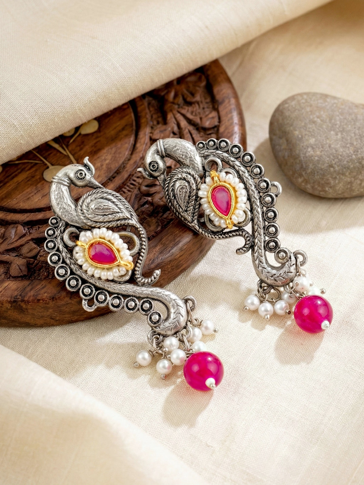 Antique Silver-Tone Peacock Temple Necklace Set with Earrings – Traditional & Function Wear (1367-KSO-39101-RG)