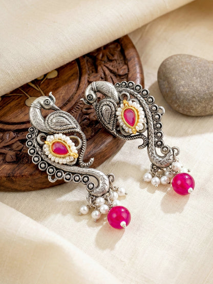 Antique Silver-Tone Peacock Temple Necklace Set with Earrings – Traditional & Function Wear (1367-KSO-39101-RG)