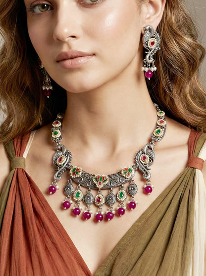 Antique Silver-Tone Peacock Temple Necklace Set with Earrings – Traditional & Function Wear (1367-KSO-39101-RG)