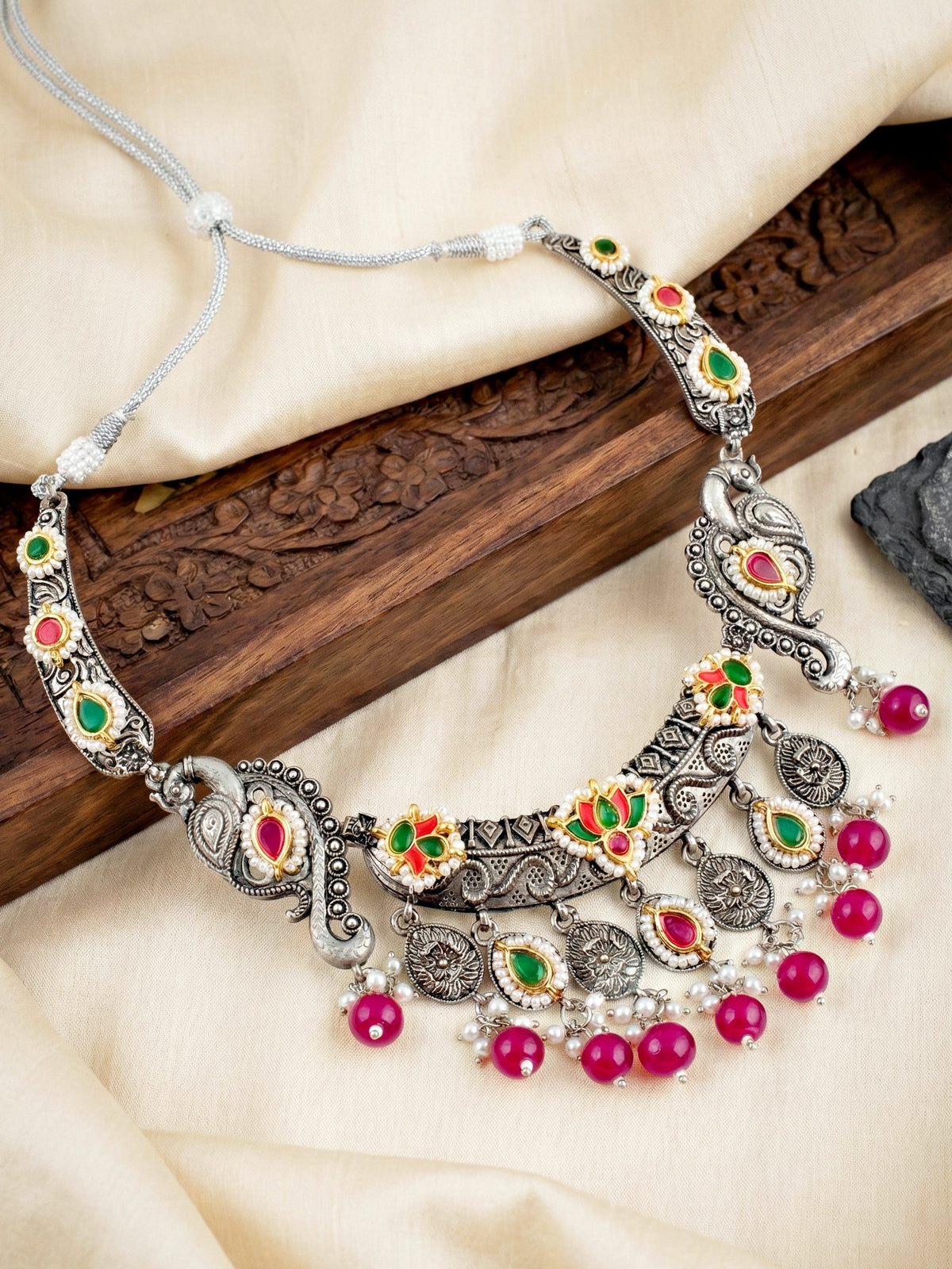 Antique Silver-Tone Peacock Temple Necklace Set with Earrings – Traditional & Function Wear (1367-KSO-39101-RG)