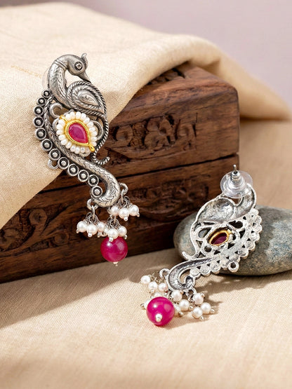 Antique Silver-Tone Peacock Temple Necklace Set with Earrings – Traditional & Function Wear (1367-KSO-39101-RG)