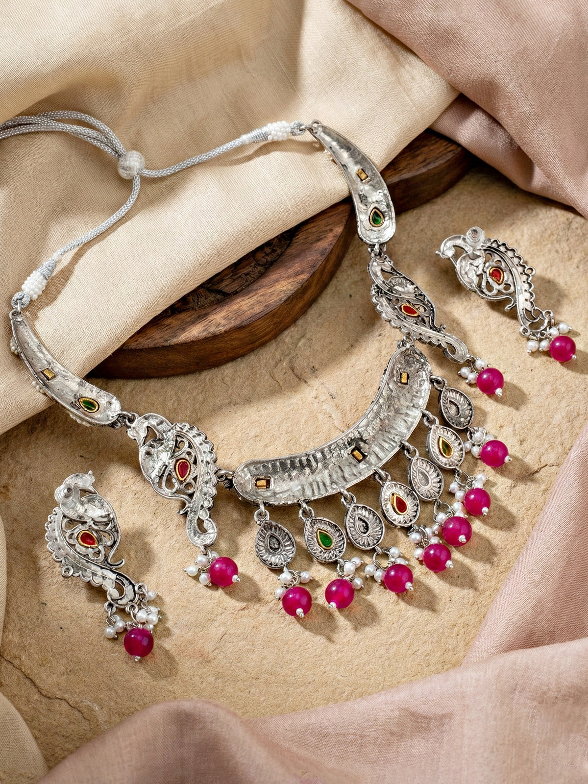 Antique Silver-Tone Peacock Temple Necklace Set with Earrings – Traditional & Function Wear (1367-KSO-39101-RG)