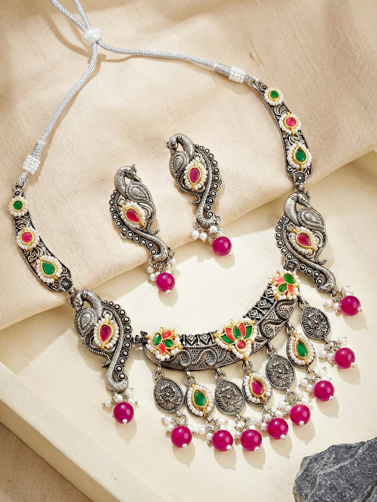 Antique Silver-Tone Peacock Temple Necklace Set with Earrings – Traditional & Function Wear (1367-KSO-39101-RG)