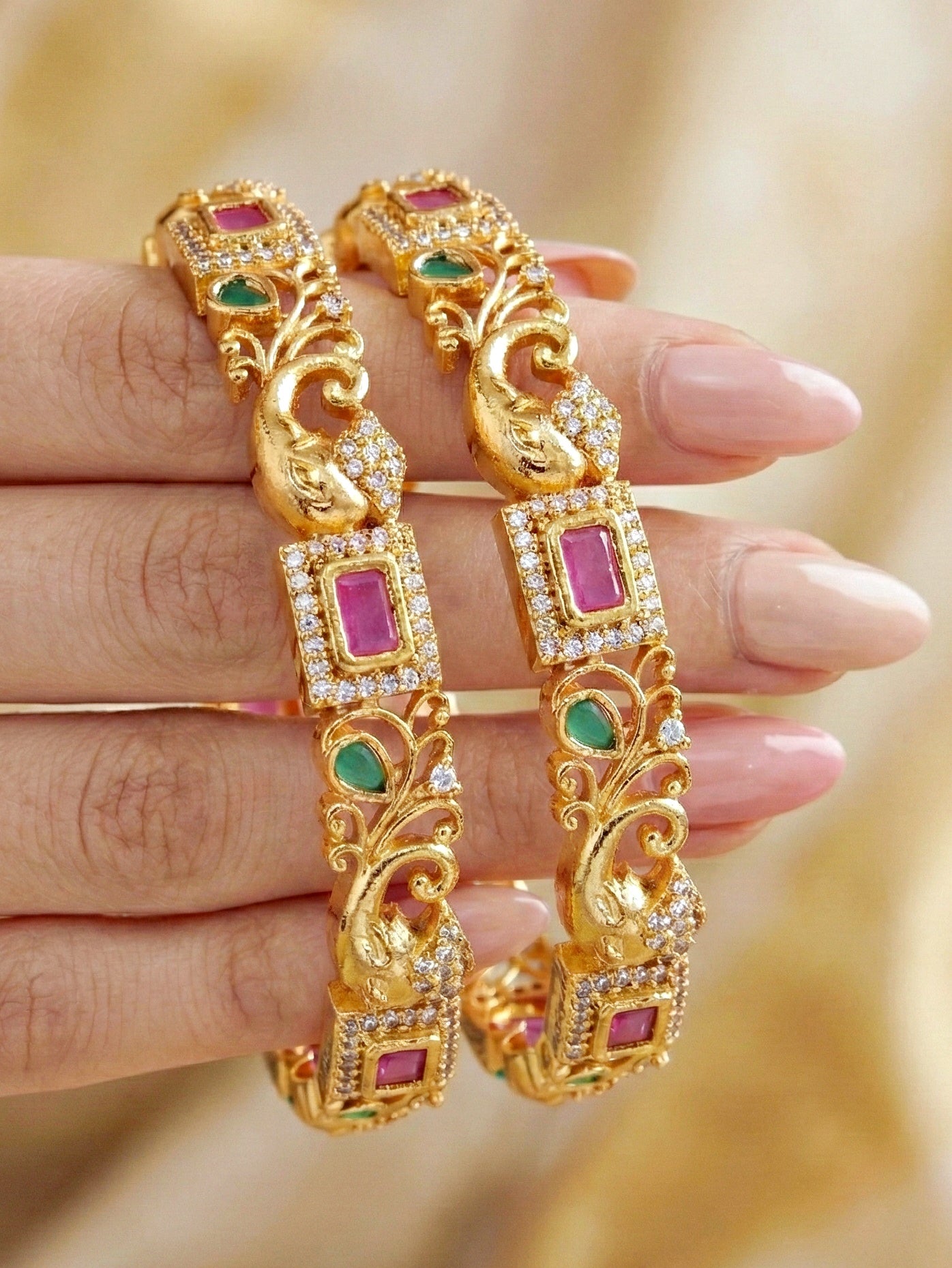 Gold-Plated Ganesh Peacock AD Pink Green Bangle (1389-C1BG-2224-2)