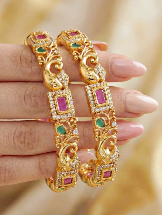 Gold-Plated Ganesh Peacock AD Pink Green Bangle (1389-C1BG-2224-2)