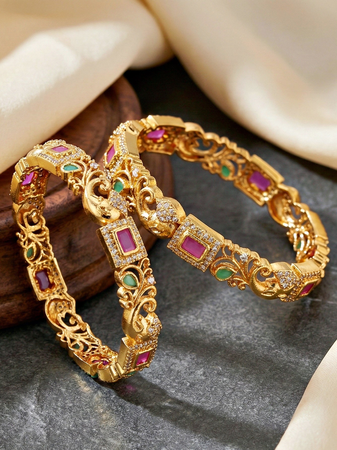 Gold-Plated Ganesh Peacock AD Pink Green Bangle (1389-C1BG-2224-2)