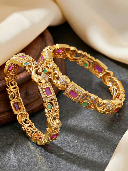 Gold-Plated Ganesh Peacock AD Pink Green Bangle (1389-C1BG-2224-2)