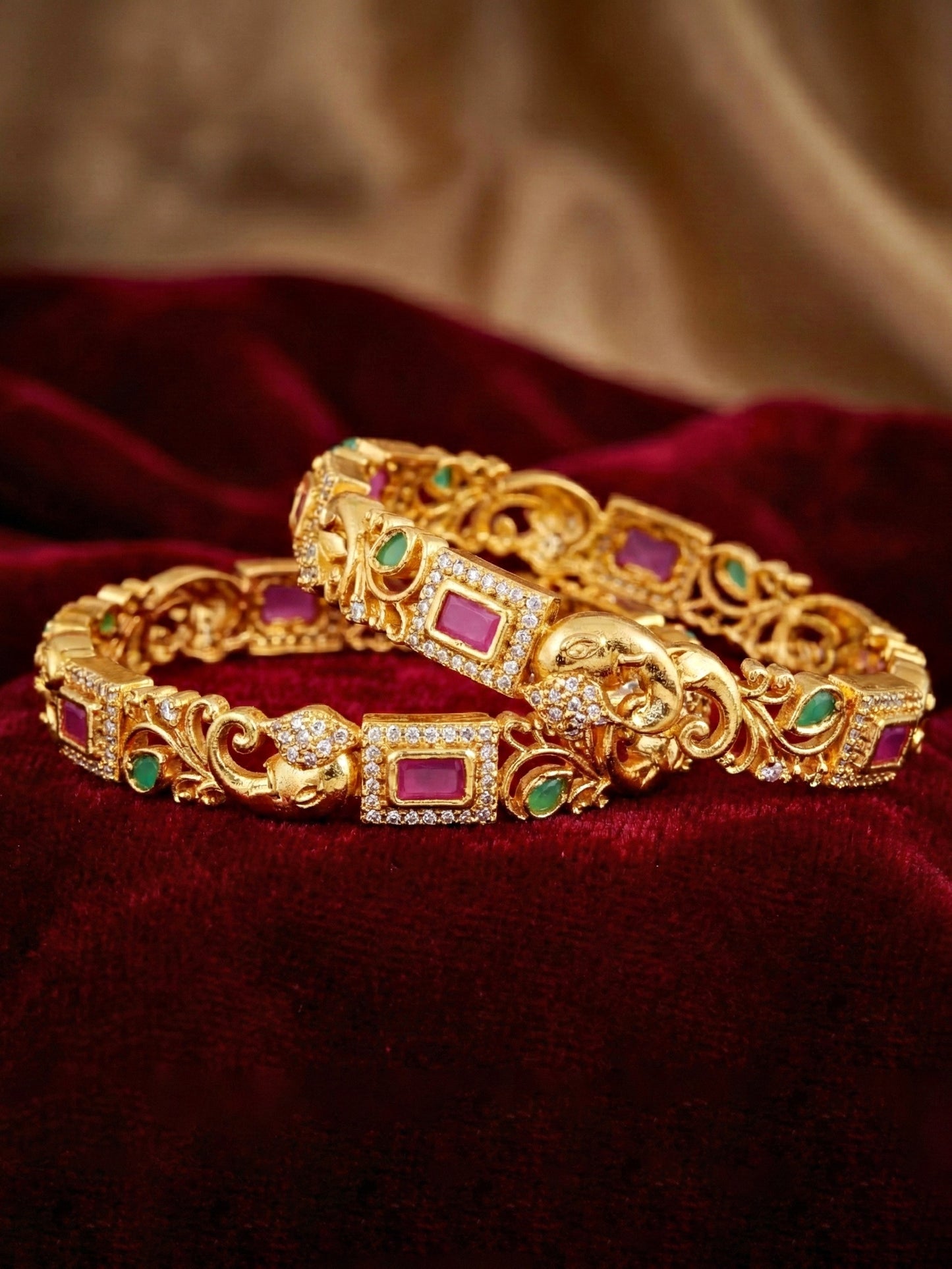 Gold-Plated Ganesh Peacock AD Pink Green Bangle (1389-C1BG-2224-2)