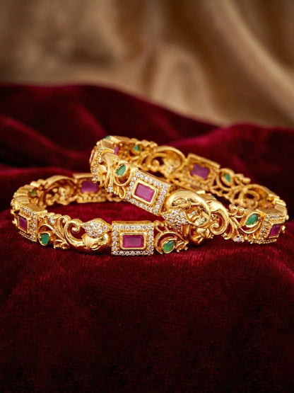 Gold-Plated Ganesh Peacock AD Pink Green Bangle (1389-C1BG-2224-2)