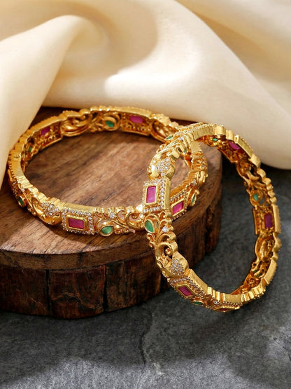 Gold-Plated Ganesh Peacock AD Pink Green Bangle (1389-C1BG-2224-2)