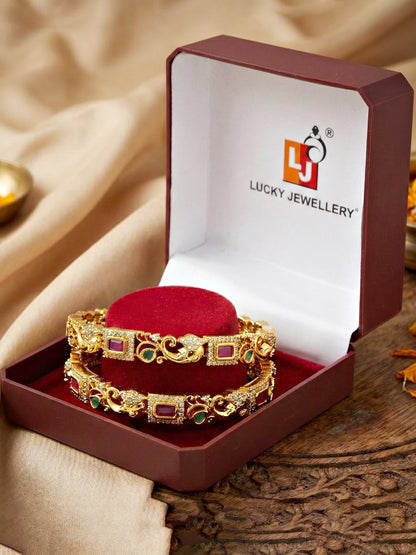 Gold-Plated Ganesh Peacock AD Pink Green Bangle (1389-C1BG-2224-2)