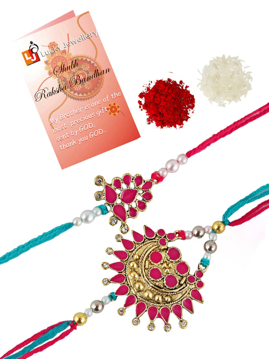 Lucky Jewellery Designer Oxidised Gold Magenta Color Meena Rakhi - Rakshabandhan Rakhee with Lumba Bracelet for Brother/Bhaiya/Bhai/Bhabhi - Pack of 2 (140-WER1-3082-2)