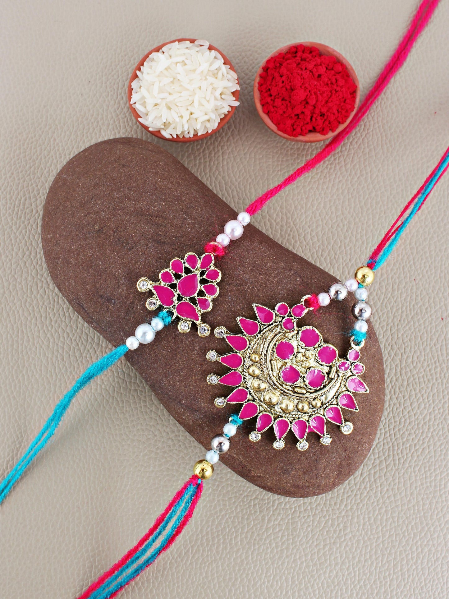 Lucky Jewellery Designer Oxidised Gold Magenta Color Meena Rakhi - Rakshabandhan Rakhee with Lumba Bracelet for Brother/Bhaiya/Bhai/Bhabhi - Pack of 2 (140-WER1-3082-2)