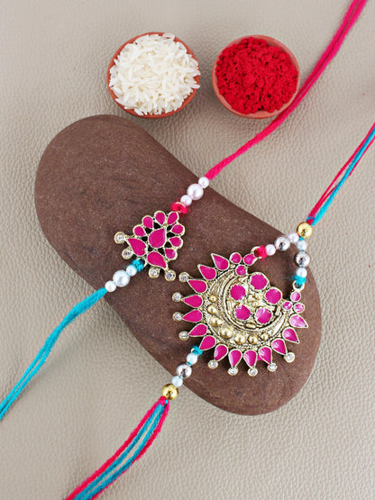 Lucky Jewellery Designer Oxidised Gold Magenta Color Meena Rakhi - Rakshabandhan Rakhee with Lumba Bracelet for Brother/Bhaiya/Bhai/Bhabhi - Pack of 2 (140-WER1-3082-2)