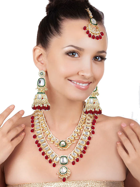 Designer Double-Layered Long Necklace Set for Women & Girls – Green Meenakari with Kundan Stones (1551-ISK-2027-M)