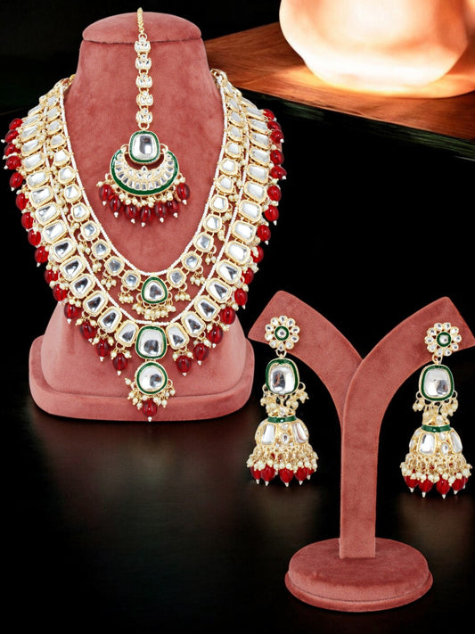Designer Double-Layered Long Necklace Set for Women & Girls – Green Meenakari with Kundan Stones (1551-ISK-2027-M)