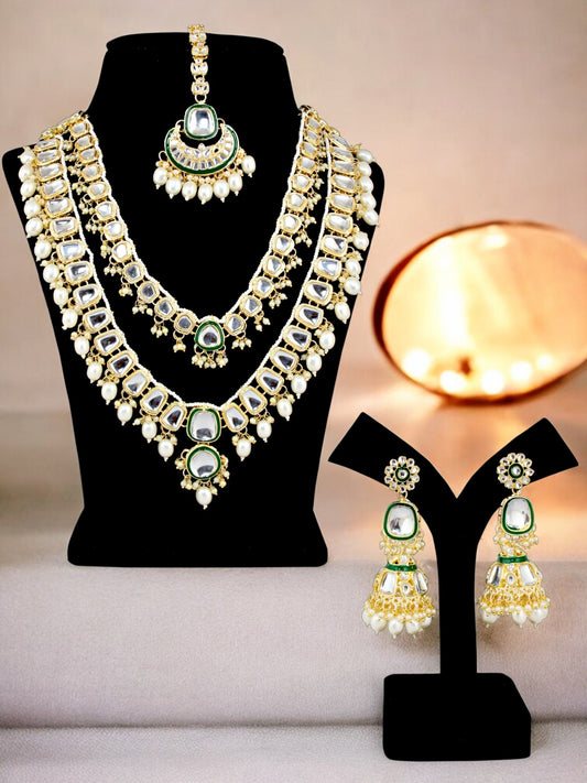 Designer Double-Layered Long Necklace Set for Women & Girls – Green Meenakari with Kundan Stones  (1551-ISK-2027-W)