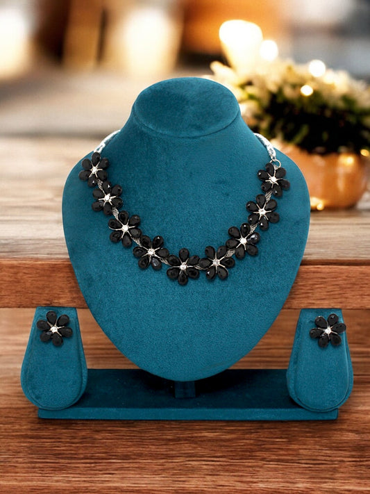Trendy Unique Oxidised Silver-Plated Floral Choker Necklace with Black Stone & Matching Earrings (158-TSO-2026-BL)