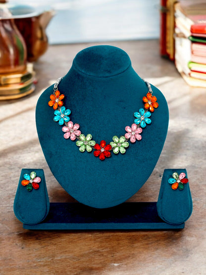 Trendy Unique Oxidised Silver-Plated Floral Choker Necklace with Multi Stone & Matching Earrings (158-TSO-2026-MT)