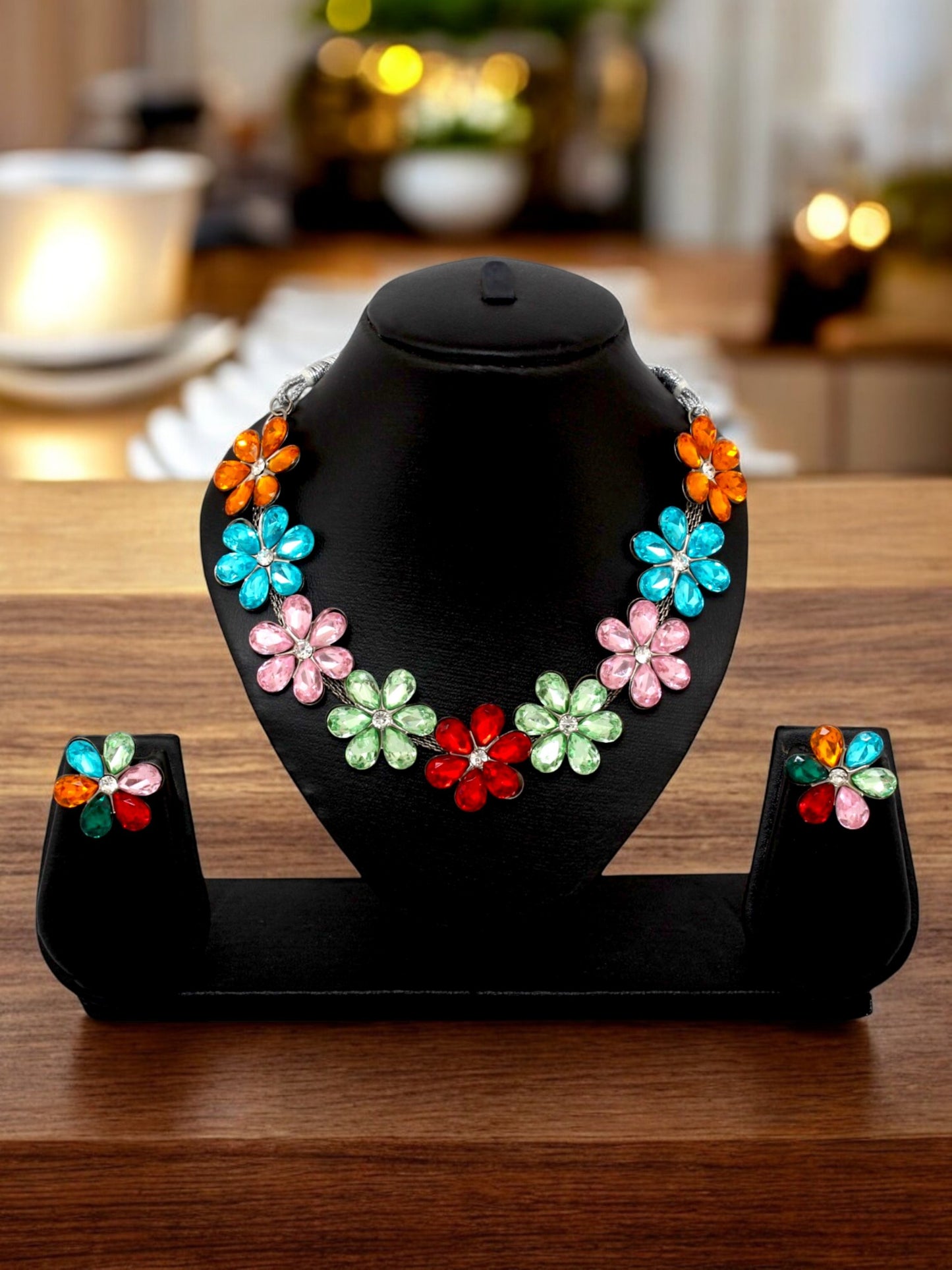 Trendy Unique Oxidised Silver-Plated Floral Choker Necklace with Multi Stone & Matching Earrings (158-TSO-2026-MT)