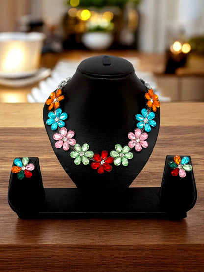 Trendy Unique Oxidised Silver-Plated Floral Choker Necklace with Multi Stone & Matching Earrings (158-TSO-2026-MT)