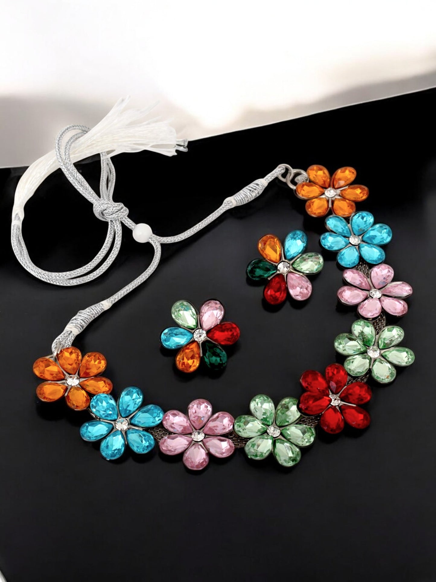 Trendy Unique Oxidised Silver-Plated Floral Choker Necklace with Multi Stone & Matching Earrings (158-TSO-2026-MT)