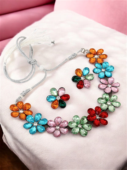 Trendy Unique Oxidised Silver-Plated Floral Choker Necklace with Multi Stone & Matching Earrings (158-TSO-2026-MT)