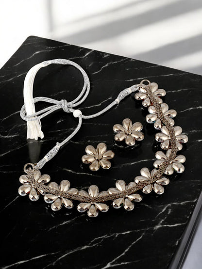 Trendy Unique Oxidised Silver-Plated Floral Choker Necklace with Multi Stone & Matching Earrings (158-TSO-2026-MT)