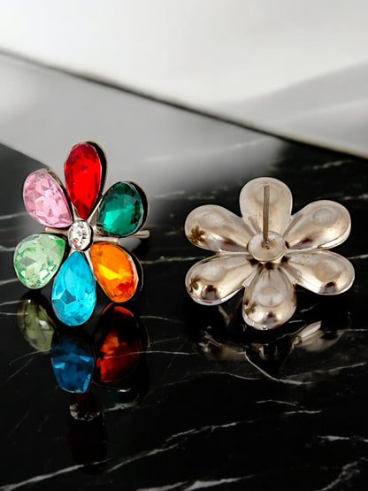 Trendy Unique Oxidised Silver-Plated Floral Choker Necklace with Multi Stone & Matching Earrings (158-TSO-2026-MT)