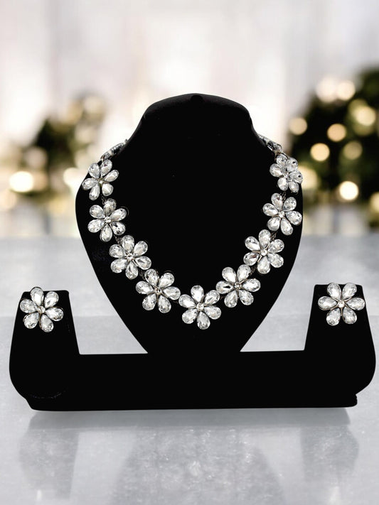 Trendy Unique Oxidised Silver-Plated Floral Choker Necklace with White Stone & Matching Earrings (158-TSO-2026-W)